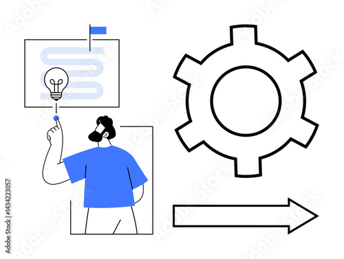 Man gestures to light bulb idea on board with process chart, gear symbol, and arrow. Ideal for teamwork, innovation, workflow, efficiency, problem-solving, strategy simple landing page