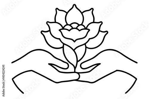 Vector art illustration shows a black silhouette of a yoga lotus pose, a floral symbol often used in tattoo design and nature-inspired decoration