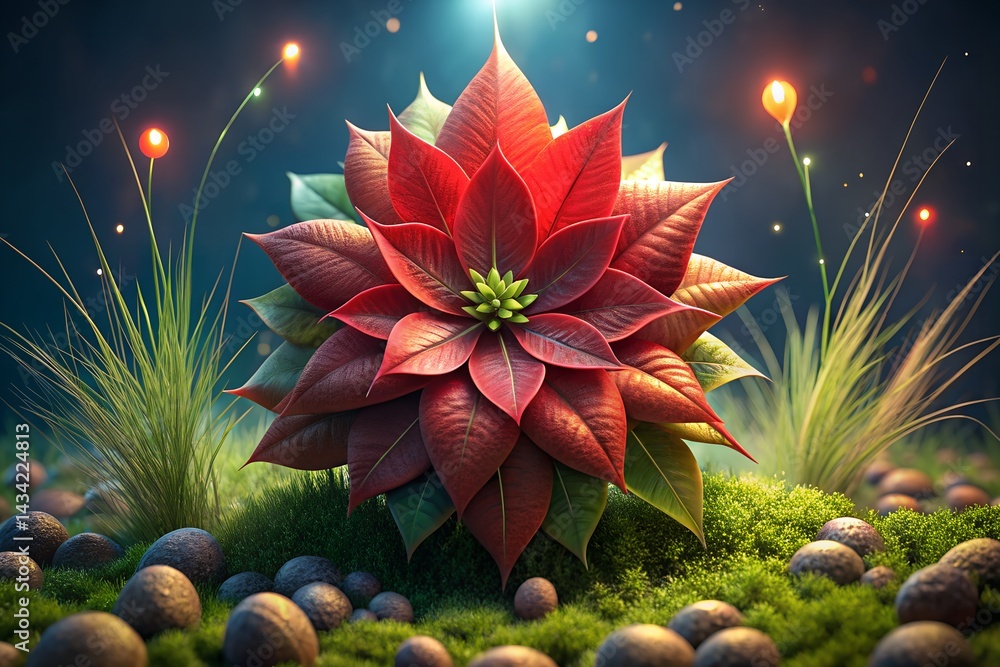 Fantasy red flower with glowing petals blooming in a magical forest setting, surrounded by moss, pebbles, and sparkling lights in a dreamy night ambiance.