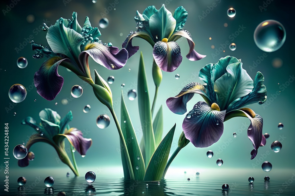 Elegant teal and purple irises rise from reflective water with floating droplets, creating a surreal floral fantasy in a dreamy aqua-toned atmosphere.