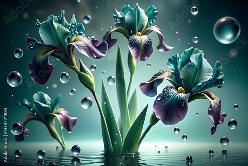 Obraz na płótnie Elegant teal and purple irises rise from reflective water with floating droplets, creating a surreal floral fantasy in a dreamy aqua-toned atmosphere. w salonie