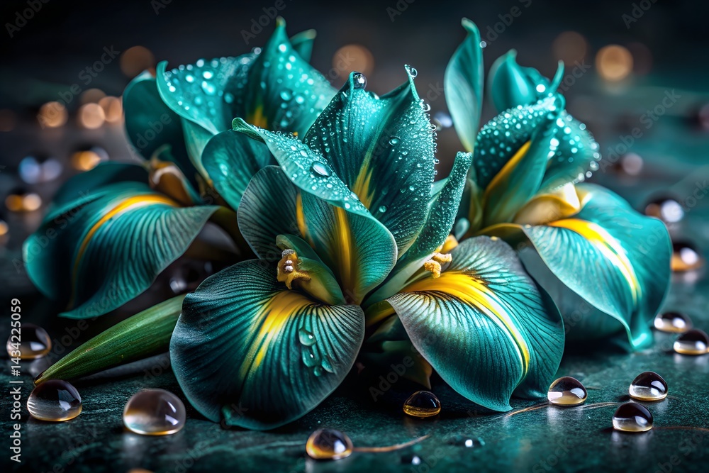 Closeup of teal and yellow flower petals with water droplets on a dark surface, showcasing vibrant textures, freshness, and delicate natural beauty.