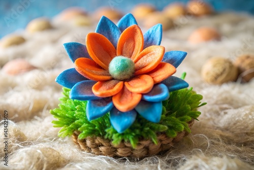 Colorful handcrafted clay flower with vibrant orange and blue petals on a green grass base, set on a soft textured background for a charming artistic display.