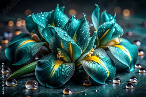 Obraz na płótnie Closeup of teal and yellow flower petals with water droplets on a dark surface, showcasing vibrant textures, freshness, and delicate natural beauty. w salonie