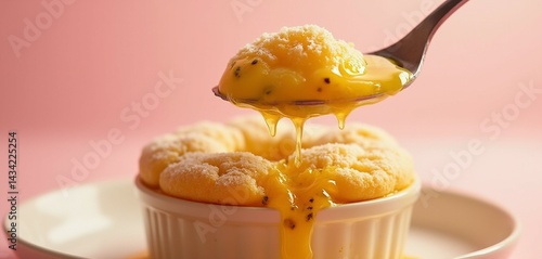 Passion fruit soufflé with cloud-like interior and crispy crust