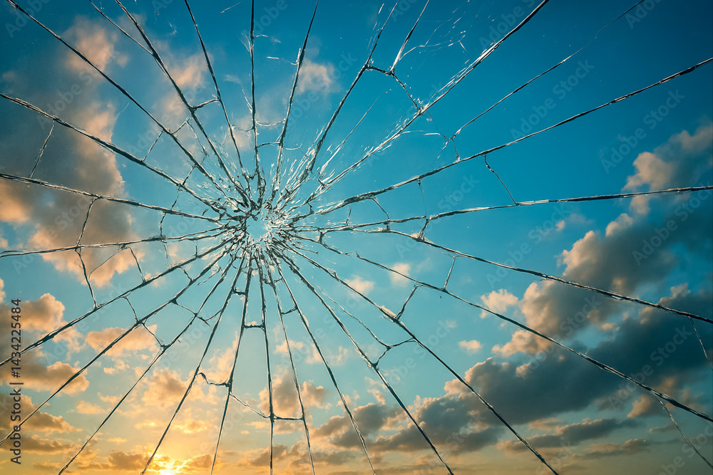Obraz premium Shattered glass against a beautiful sunset sky with clouds
