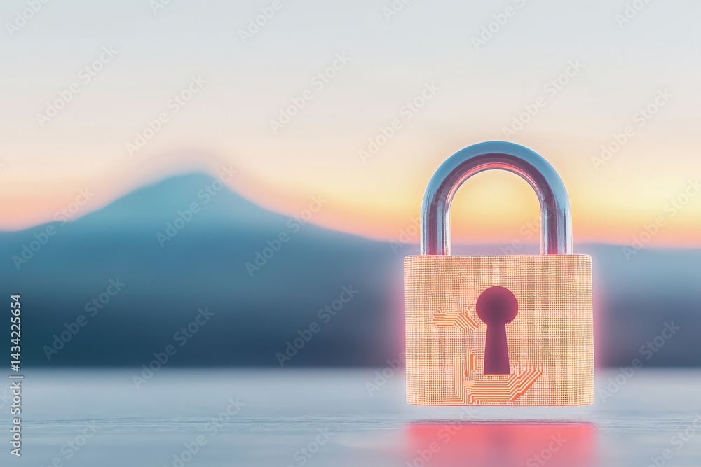 Fototapeta premium A glowing padlock sits against a soft, blurred background, symbolizing security and protection at dawn.