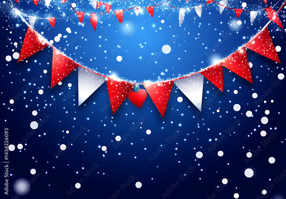 Obraz premium Festive background with colorful bunting flags and confetti on a blue background, vector illustration.