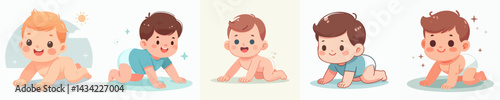Vector collection of a happy baby boy crawling