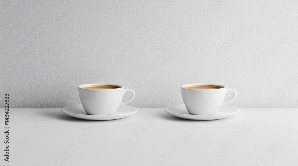 Minimalist composition of two espresso cups on white porcelain saucers, clean white table generative ai Minimalist composition of two espresso cups on white porcelain saucers, clean white table generative ai