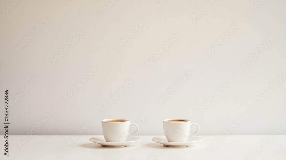 Minimalist composition of two espresso cups on white porcelain saucers, clean white table generative ai Minimalist composition of two espresso cups on white porcelain saucers, clean white table generative ai