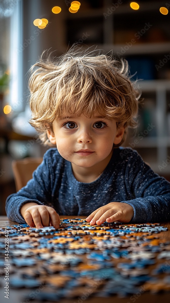 Toddler solving puzzle at home, warm lighting Toddler solving puzzle at home, warm lighting