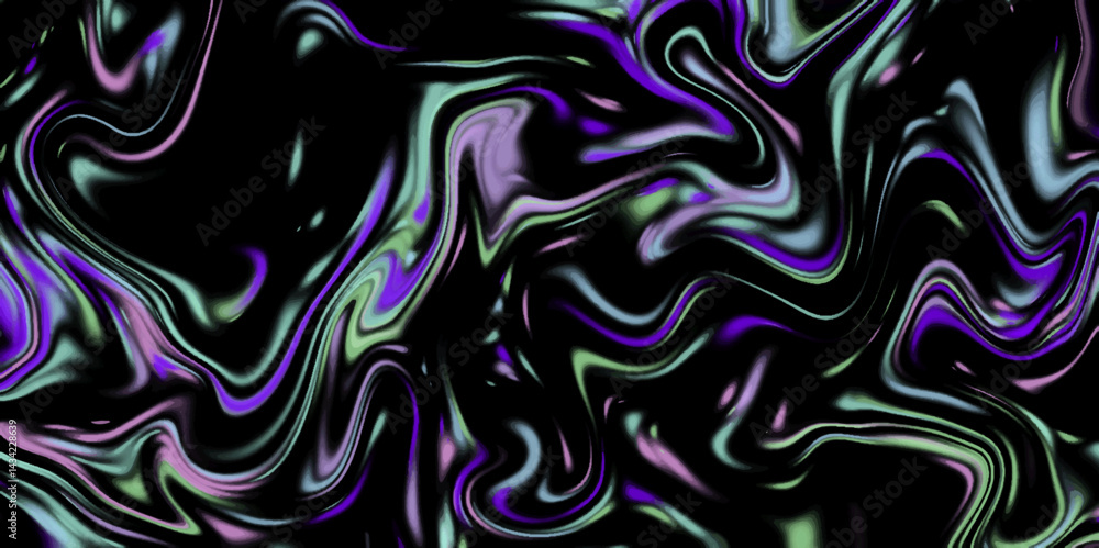 Obraz premium Multicolored Dynamic Swirls on Black Background for Futuristic Digital Art, Psychedelic Wallpapers, and Creative Design. 3d rendering dark space wave liquid neon dark multicolor splash background. 