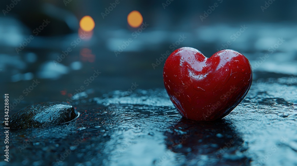 Fototapeta premium Red heart on wet stones, serene scene