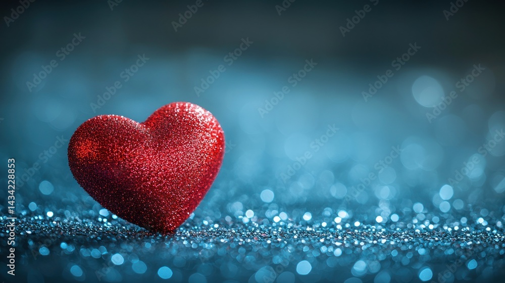 Fototapeta premium Red heart on blue glitter background