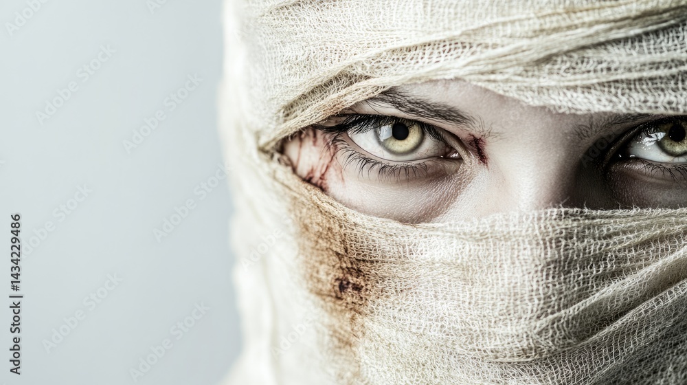 Injured face wrapped in medical gauze, only lower facial features visible, stark white backdrop for dramatic focus