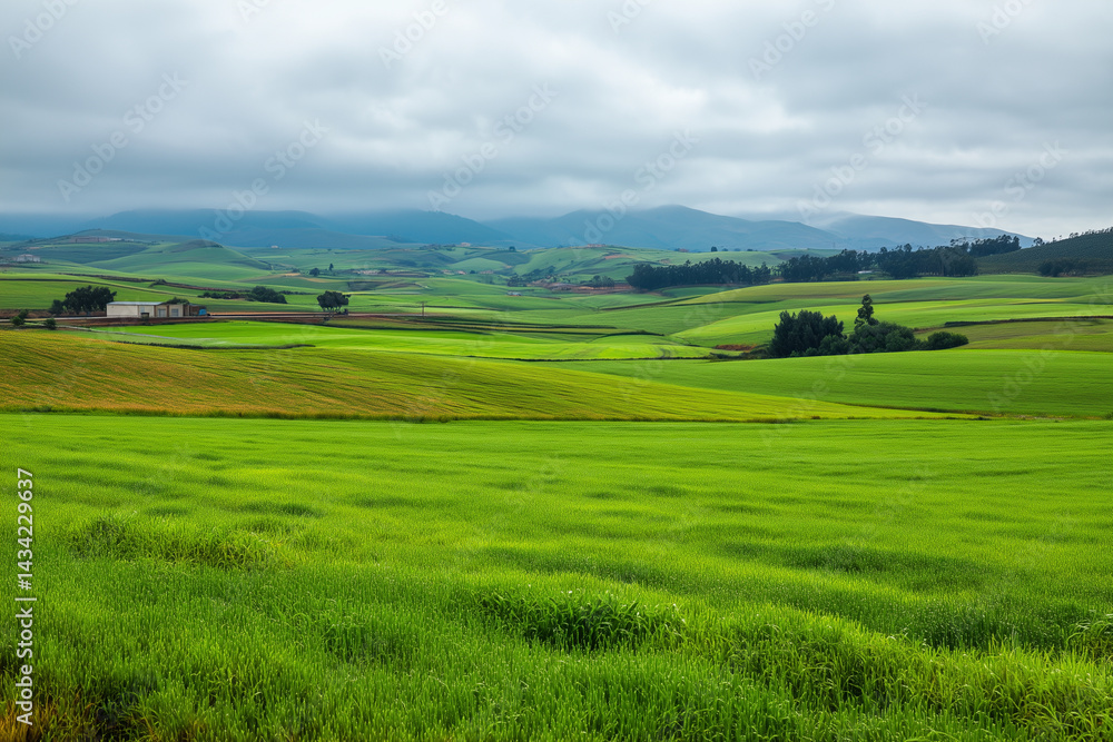Expansive green fields stretching under a cloudy sky Expansive green fields stretching under a cloudy sky