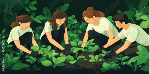 vector group of people plant trees