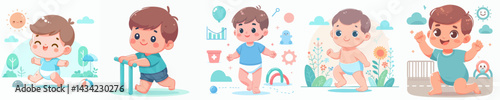 Vector collection of a happy Baby boy learning to walk