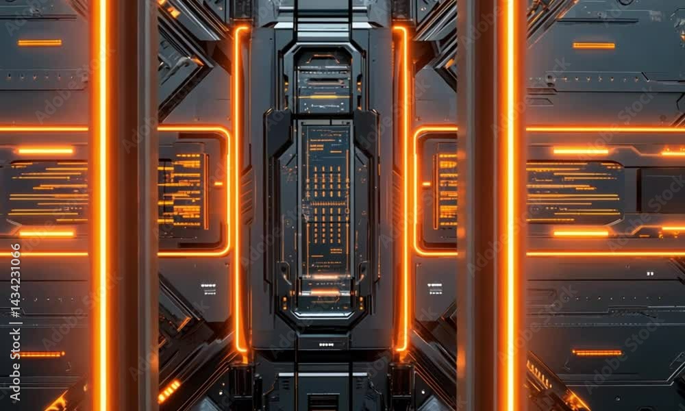 Futuristic orange tech panel, server room, glowing background, data processing, sci-fi concept