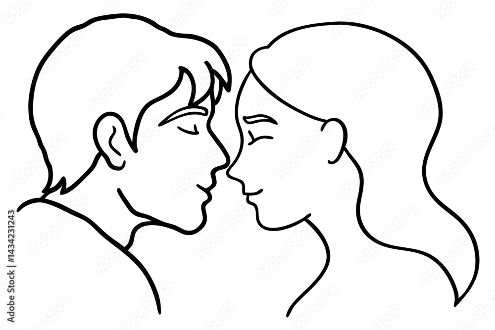 Silhouette of lovers, a black vector illustration shows a woman and man in profile, their heads close in a kiss, forming a heart, a beautiful design icon for romance Silhouette of lovers, a black vector illustration shows a woman and man in profile, their heads close in a kiss, forming a heart, a beautiful design icon for romance