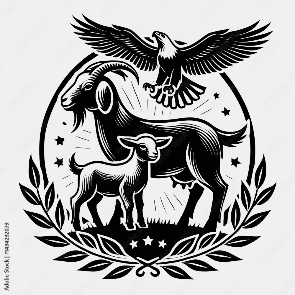 Fototapeta premium Goat and Kid with an Eagle in the Sky