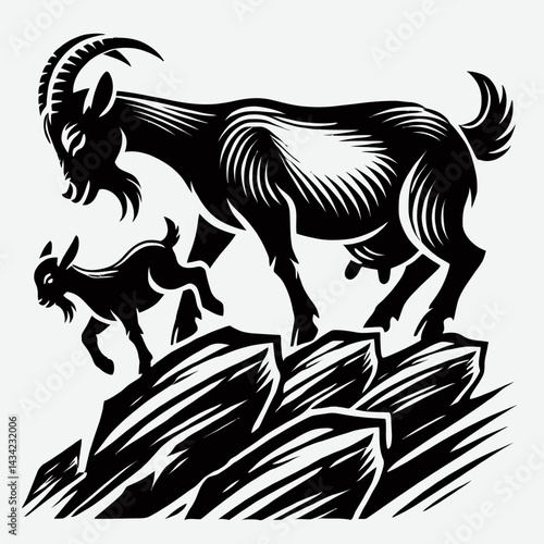 Goat and Kid Climbing Rocks