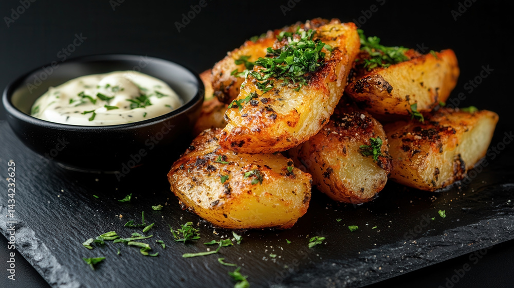 Rustic roasted potato wedges served with aioli dip on a black stone plate Rustic roasted potato wedges served with aioli dip on a black stone plate
