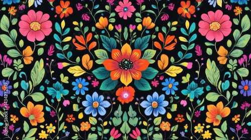 Vibrant floral pattern with colorful flowers and leaves on black background.