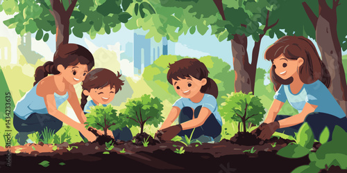 vector group of woman plant trees