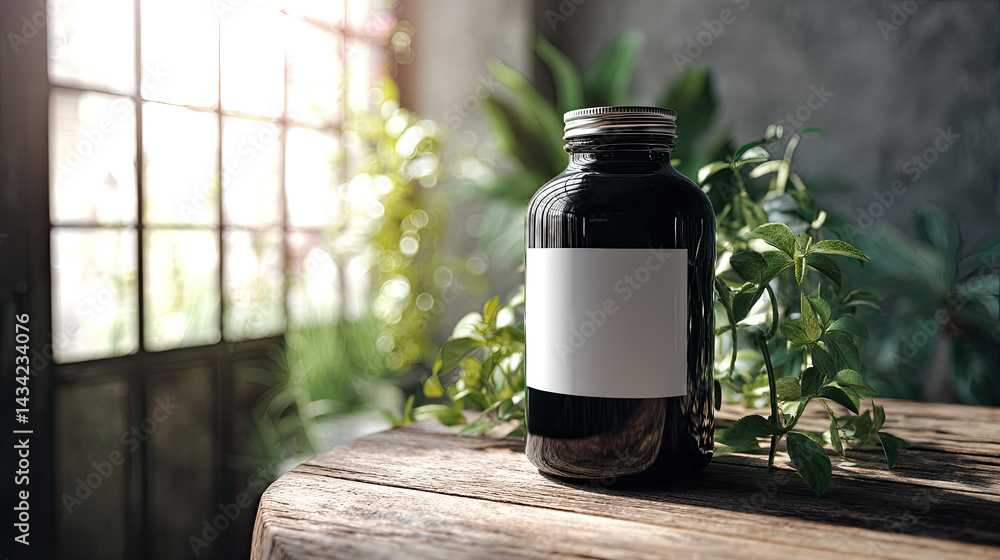 Dark glass bottle on wooden table surrounded by greenery in a sunlit room with plants Dark glass bottle on wooden table surrounded by greenery in a sunlit room with plants