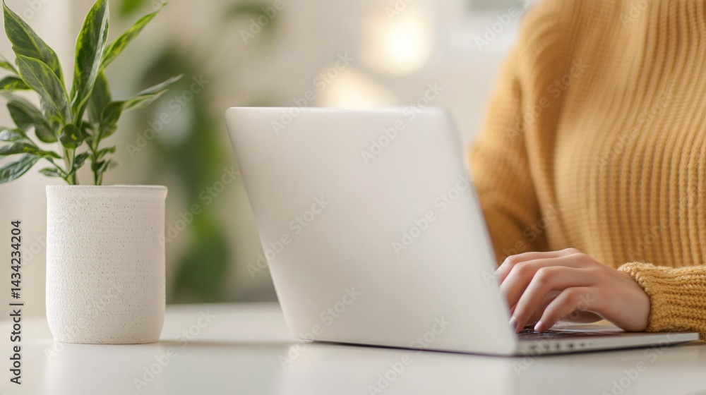 Casual workspace scene, woman typing on laptop with cozy sweater, green plant on desk, inviting and modern ambience. Casual workspace scene, woman typing on laptop with cozy sweater, green plant on desk, inviting and modern ambience.