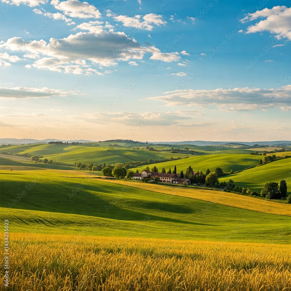 Obraz premium Rolling Hills and Sunlit Fields: An expansive vista unfolds, where undulating hills meet vibrant, sun-drenched fields. The sky is an endless expanse of azure, dotted with fluffy clouds.