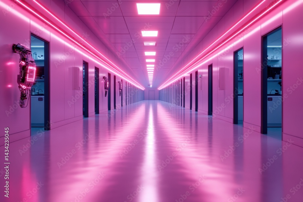 A futuristic corridor illuminated with pink lights, showcasing sleek walls and high-tech features, creating an otherworldly atmosphere. A futuristic corridor illuminated with pink lights, showcasing sleek walls and high-tech features, creating an otherworldly atmosphere.