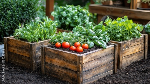 Raised garden beds filled with various herbs and vegetables