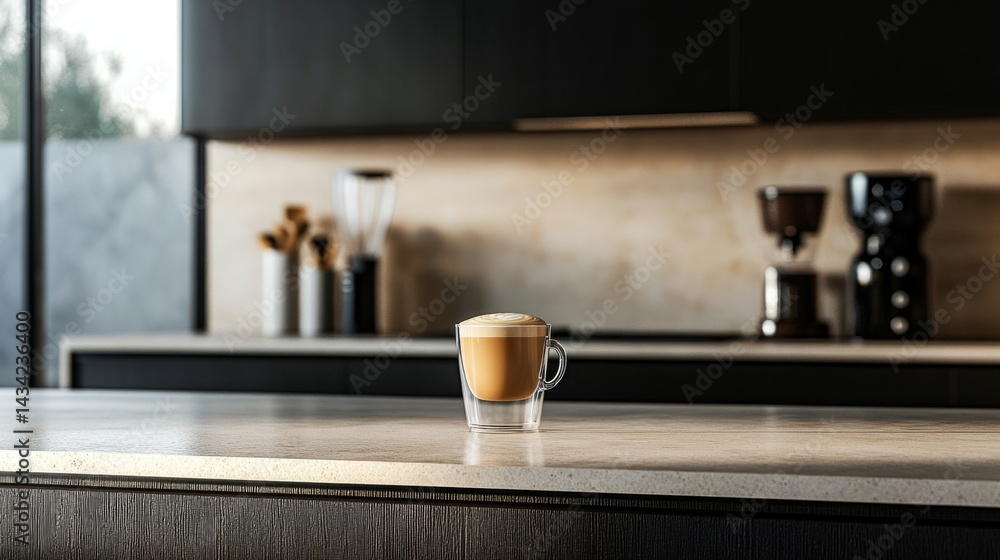 Modern kitchen counter with a single glass cappuccino cup, simple and clean aesthetic generative ai Modern kitchen counter with a single glass cappuccino cup, simple and clean aesthetic generative ai