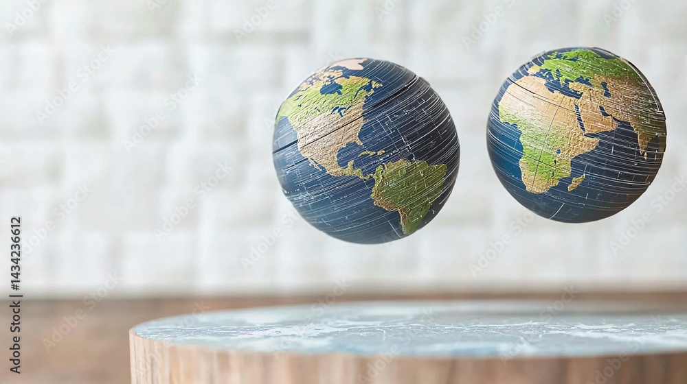 overlapping globes hovering above a clear geographical surface, representing earth layers and interconnected systems with a digital tech tone, suitable for science, education, or innovation overlapping globes hovering above a clear geographical surface, representing earth layers and interconnected systems with a digital tech tone, suitable for science, education, or innovation