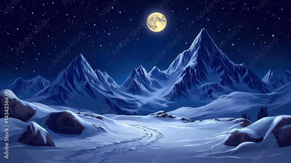 Night scene of snow-covered mountains under a full moon. Night scene of snow-covered mountains under a full moon.