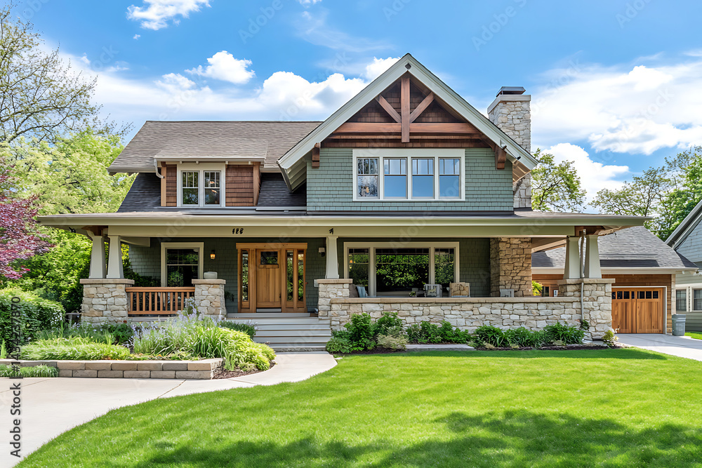 Front view of a beautiful two-story Craftsman-style home with stone accents, a light brown and green color scheme Front view of a beautiful two-story Craftsman-style home with stone accents, a light brown and green color scheme