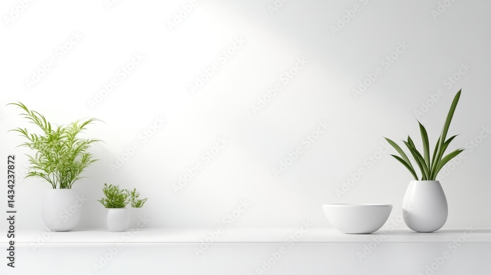 Minimalist white shelf display with potted plants Minimalist white shelf display with potted plants