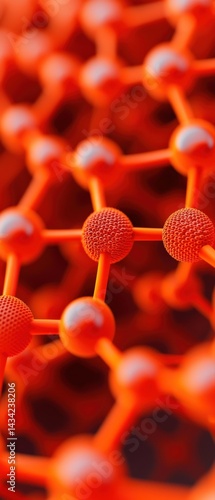 A close-up view of an intricate structure featuring interconnected atoms or molecules, highlighted in vibrant orange, showcasing scientific and technological themes.