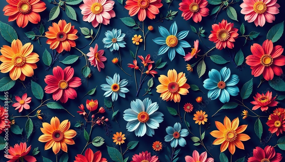 Intricate repeating floral design, vibrant hues, whimsical, botanical, bud Intricate repeating floral design, vibrant hues, whimsical, botanical, bud