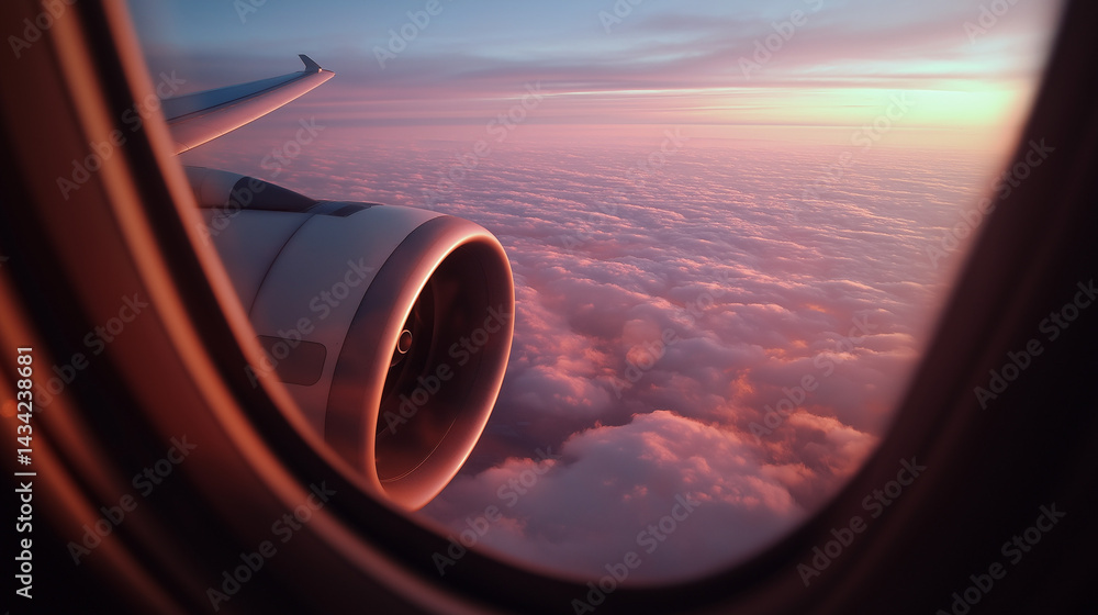 Fototapeta premium Sunset Flight Airplane Wing and Engine Above the Clouds