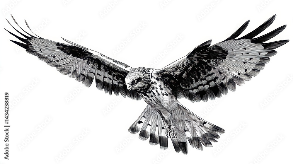 Fototapeta premium Striking monochrome illustration of a soaring bird of prey.