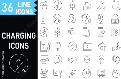 Electric Charging outline icons for EV, Battery, Renewable Power, USB, Station, Plug,Solar Panel and Cable. Editable Vector stroke pictograms. illustration EPS10