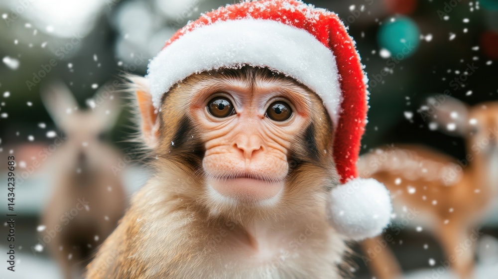 Festive monkey in Santa hat, snowy background, deer. Christmas card Festive monkey in Santa hat, snowy background, deer. Christmas card