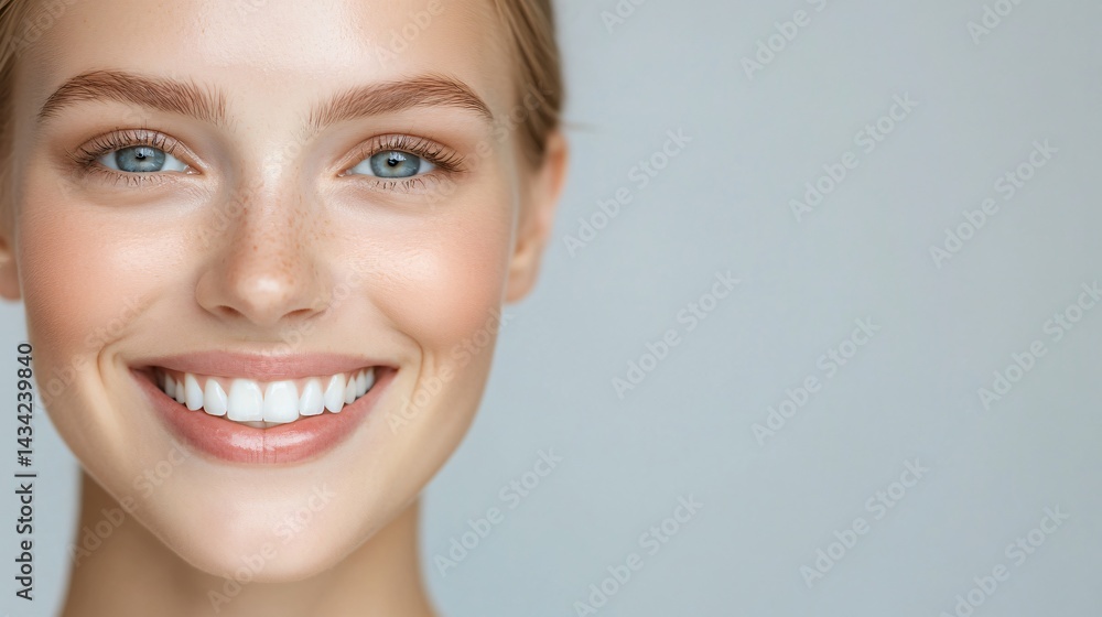 Naklejka premium Happy young woman smiling warmly, light-skinned with straight hair, featuring a minimalist background, ideal for positivity themes.