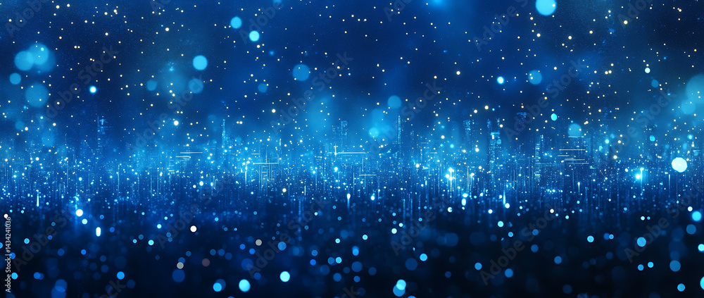 Obraz premium Futuristic cityscape background with glowing blue lights and digital grid lines on a dark blue background