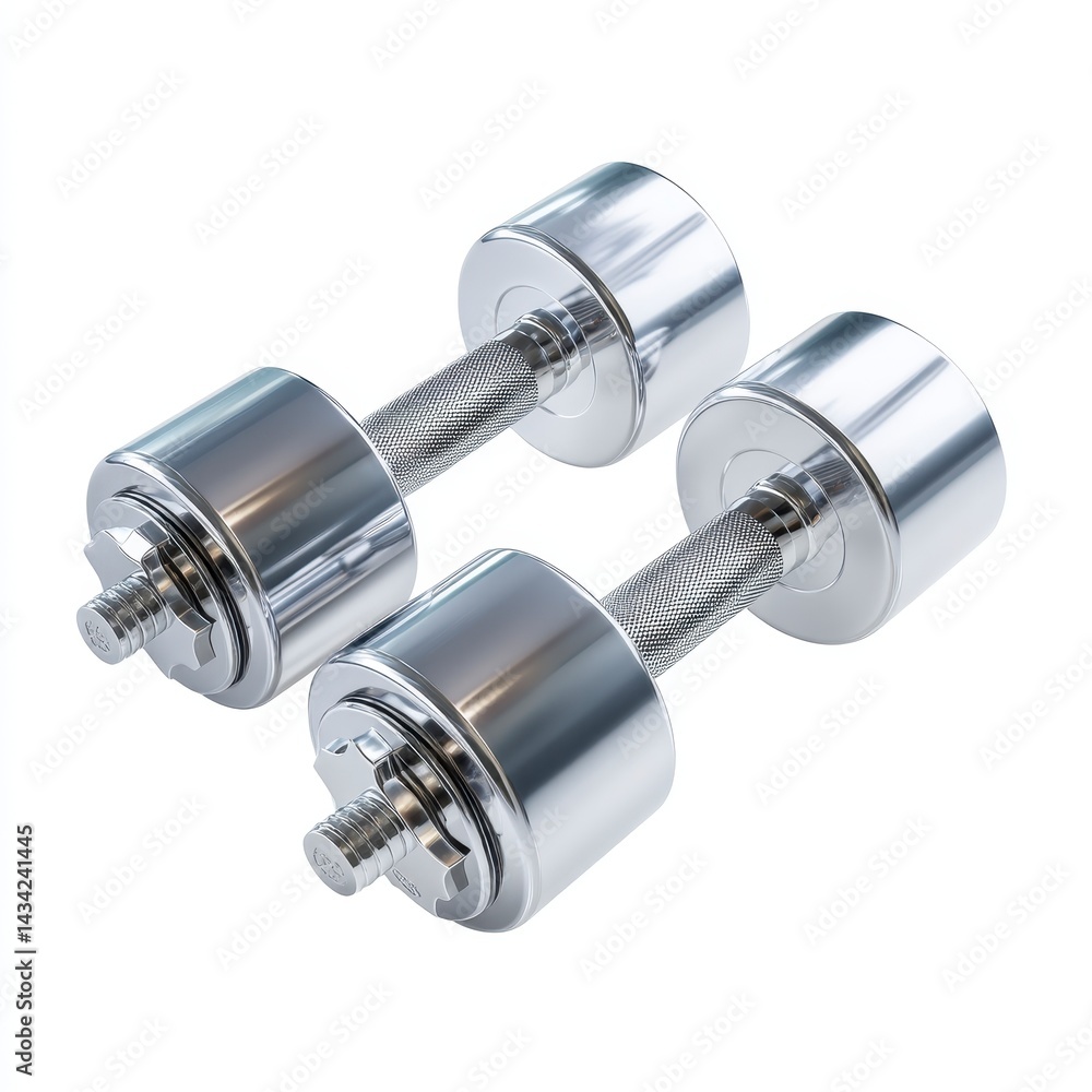 A pair of sleek, metallic dumbbells designed for strength training, showcasing a modern and polished appearance. A pair of sleek, metallic dumbbells designed for strength training, showcasing a modern and polished appearance.