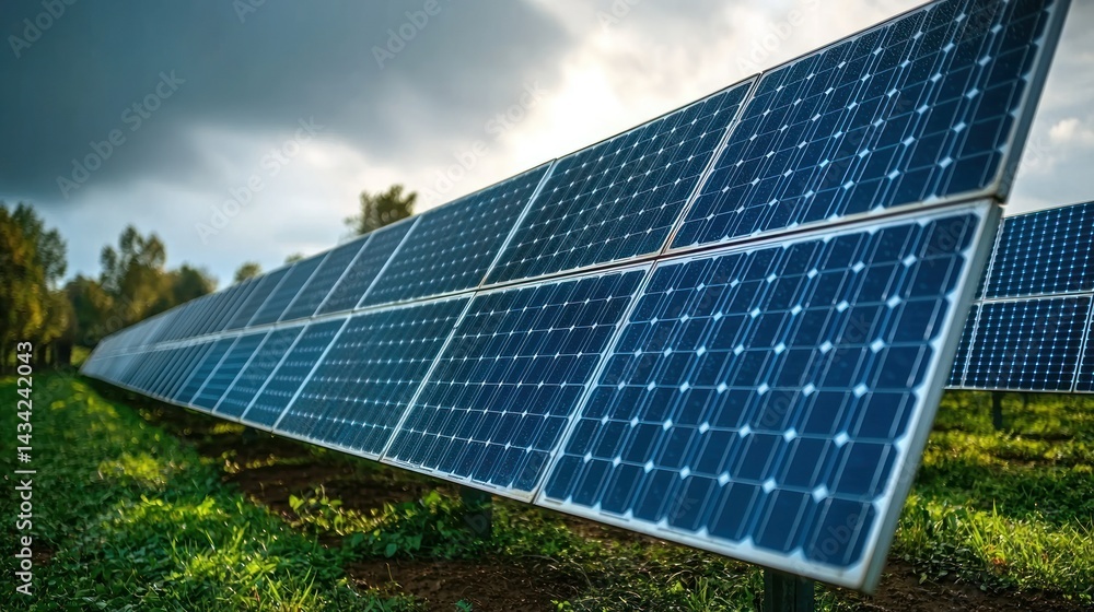 Solar panels array on a field under cloudy sky Solar panels array on a field under cloudy sky